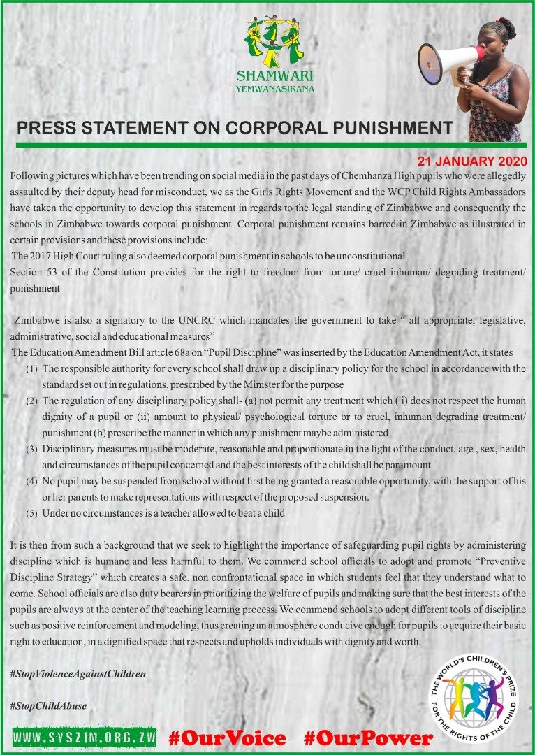 In commemoration of the lnternational day of Education, the Girls Rights Movement is saying no to corporal punishment in schools. Schools are suppose to be safe havens for children.
#NoToChildAbuse
#InternationalEducationDay
