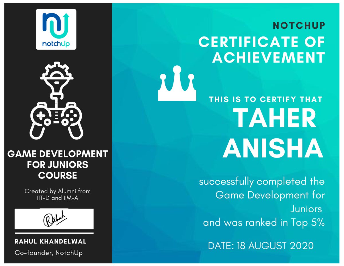 NotchupIndia's tweet photo. Congratulations Tahir Anisha on successfully completing your Game Development course that too by ranking amongst the top 1% of all the students!!🥳🎉

Book a free trial right now by clicking on the link below 🎮
https://t.co/RZeSwoX5pf

#gamedevelopers #gamedevelopment #gamedev https://t.co/pseTvtUpNT