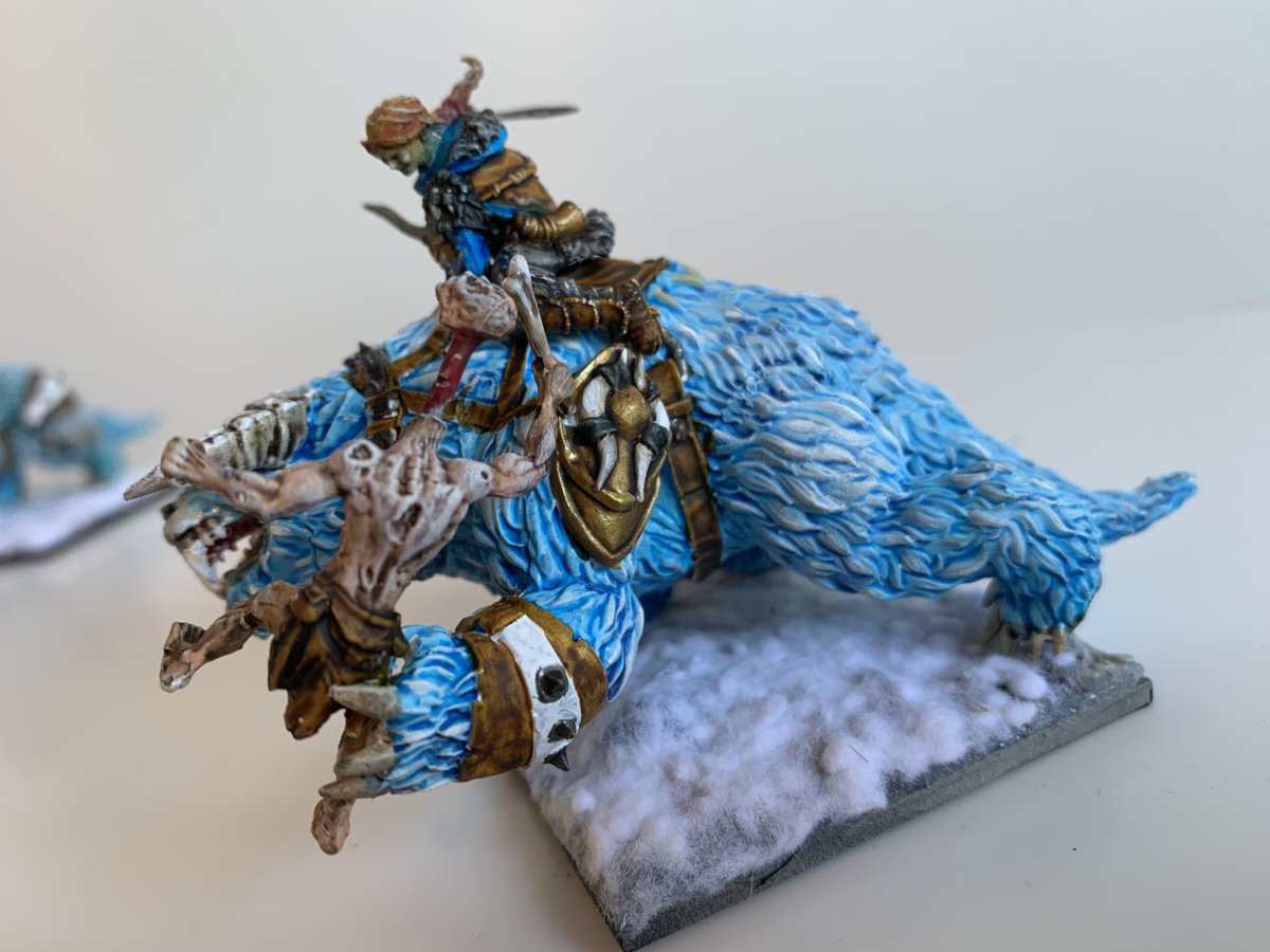 tomrobo23's tweet photo. The very slow momentum with which i've managed to achieve hobby has continued finishing (nearly) four Mantic Frostfangs. joining the Huscarls and snow foxes i've already done means the next task is the 80 packhunter/clansmen (urgh) that need painting. https://t.co/pXb1y0XxXZ