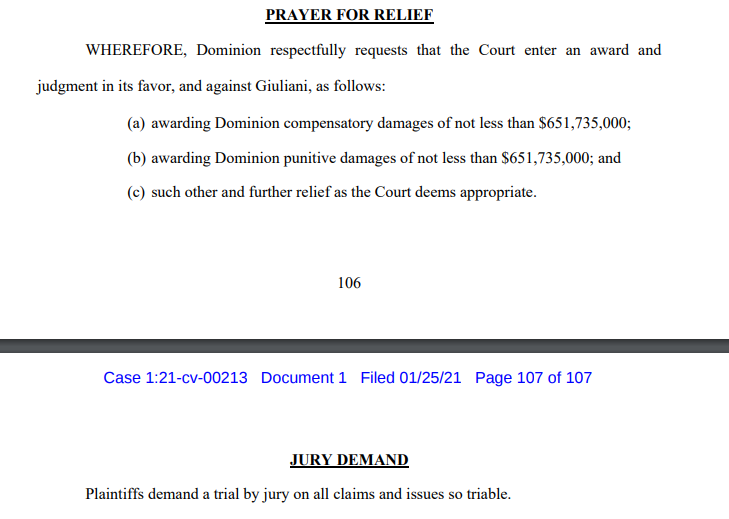 And the damages request: 651M in actual damages and an equivalent amount in punitives. All in all, a strong, well-founded lawsuit that will survive a motion to dismiss, IMO