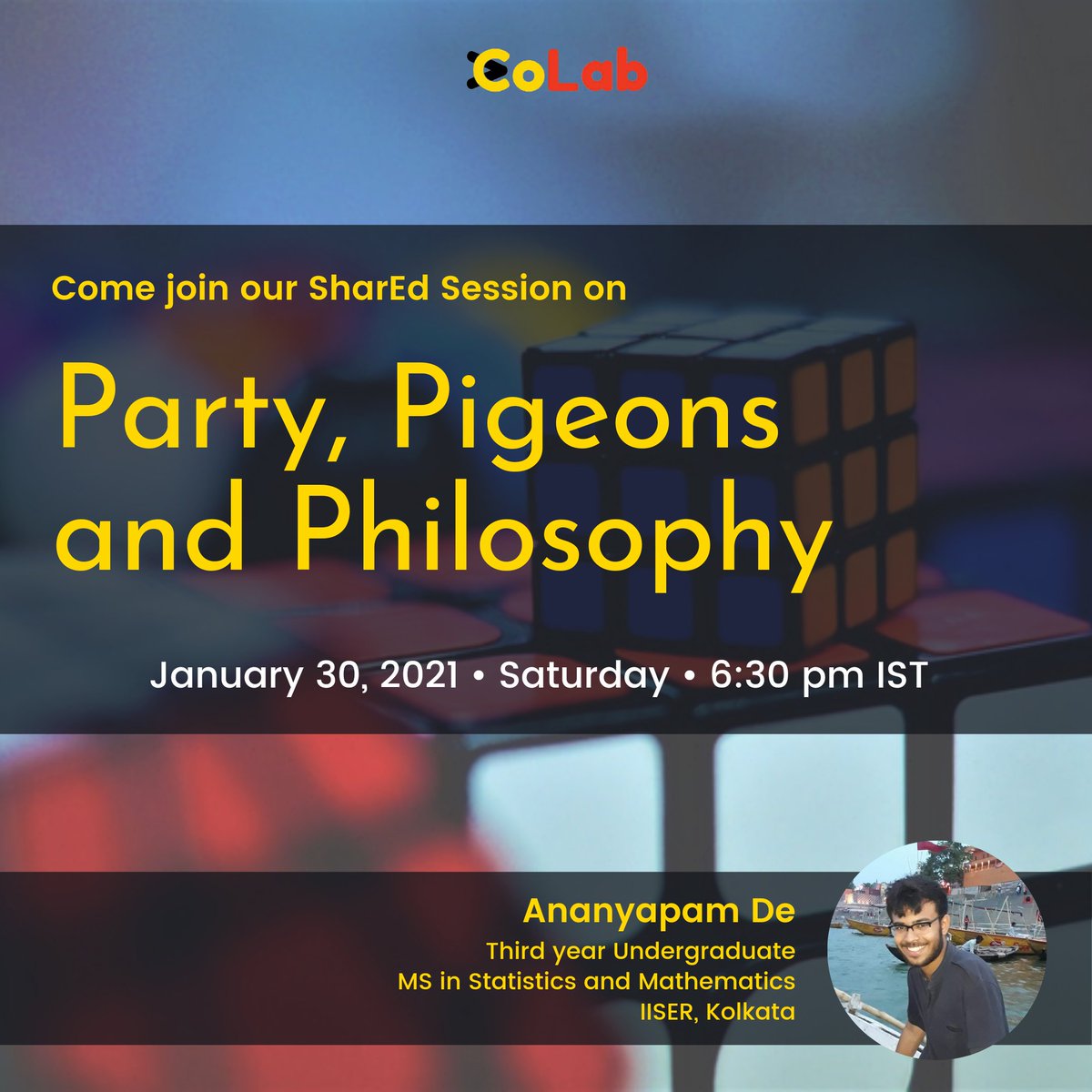 a_colab's tweet image. Come join us in this free SharEd

&quot;Party, pigeons and philosophy&quot; -
A Gentle Introduction to Combinatorics, Graph Theory and Ramsey Theory
with Ananyapam De

#ACoLab #Math #mathisfun #Mathematics #maths #MathFun #webinar #webinars