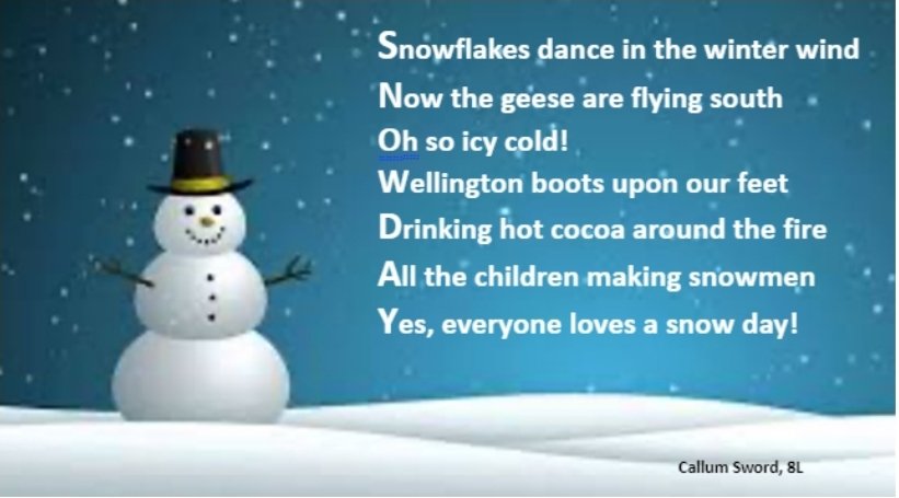 KNBS_English's tweet photo. Great entry to our 'Snow Day' creative writing task in English @knbs_school today from Callum Sword in 8L. We love it! Well done, Callum! 👏👏👏
#snowday #creativewriting #poetry #remotelearning #Creative https://t.co/RHxcpffdv5