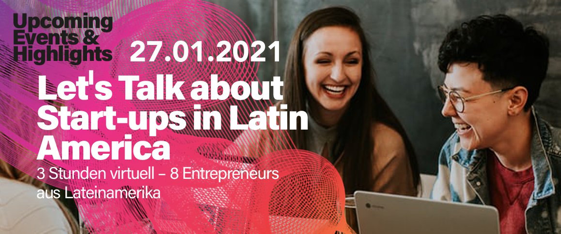 "Let's Talk about Start-ups in Latin America"  in Berlin

Organized by the Business School Berlin @BSPBerlin

Registration until 26.01.2021
<a href="/groninty/">Inty Grønneberg</a> <a href="/iRymshina/">Irina Rymshina</a> <a href="/ReuneAscun/">ReuneAscun</a> <a href="/zulaypoggi/">zulay poggi</a>  <a href="/jegutierrezr/">Julián Gutiérrez</a> <a href="/TransdigitalMx/">Transdigital.mx</a> <a href="/SofiadelSante/">Sofía Del Sante</a> <a href="/MariaCayre/">Maria Cayre</a> 
businessschool-berlin.de/campus-life/ev…