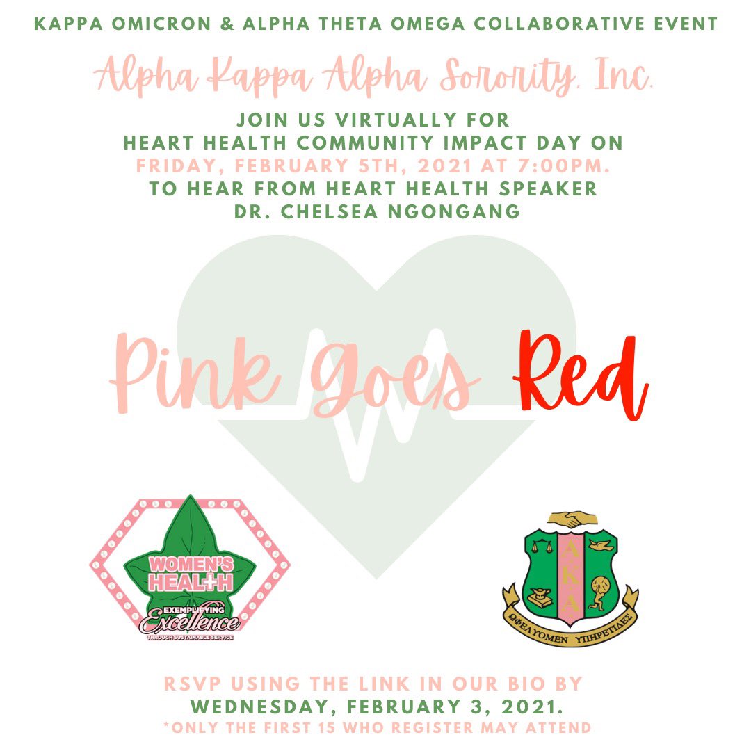 PINK GOES RED! 💖❤️ Join us virtually for Heart Health Community Impact Day next Friday, February 5th at 7:00pm to hear from heart health speaker Dr. Chelsea Ngongang. RSVP using the link in our bio by February 3rd &amp; keep in mind only the first 15 to register may attend!