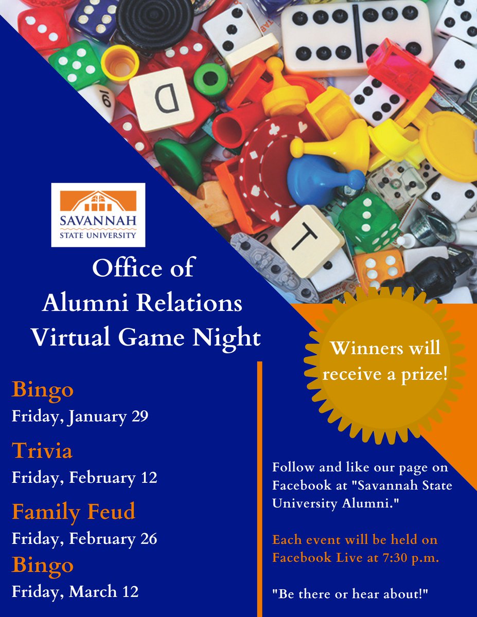 Join the Office of Alumni Relations for our Virtual Game Night on January 29, 2021 at 7:30 p.m. Tune in to our Savannah State University Alumni Facebook Live, where we will be playing BINGO! Winners will receive a prize! #SSU #SSUAlum #SSUOAR 💙🐯🧡