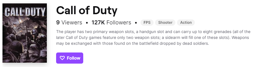 vcodism's tweet photo. Is this the best description Twitch could give for CoD1?🤦

CoD1: a WW2 shooter that started the franchise
Twitch: TWO WEAPON SLOTS!!

#callofduty1 #cod1 #callofduty #twitch https://t.co/SZoBNfm8QH