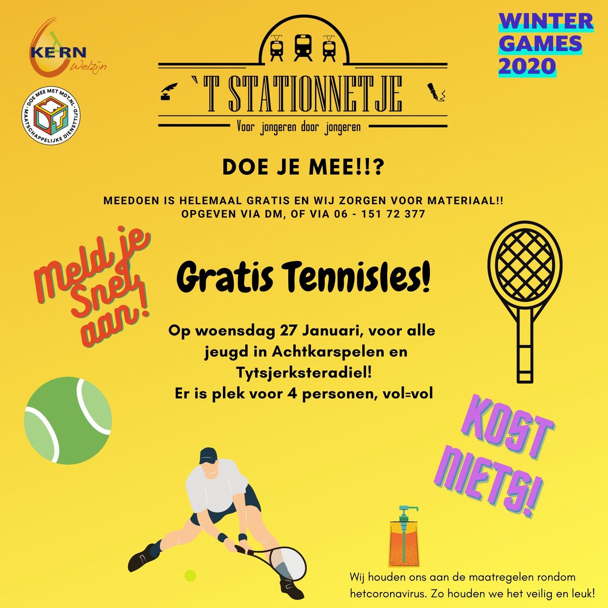 Komende woensdag is er nog plek bij de Tennisles! Even actief in de gezonde buitenlucht. Wie doet er mee? Aanmeldgegevens staan op de afbeelding! #Winterteam #Hurdegaryp #Tennis #Sport