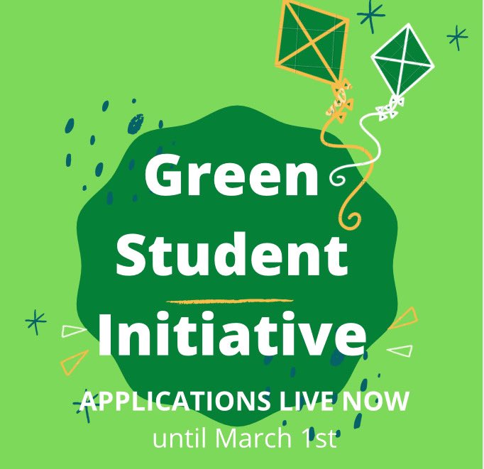 Green Student Initiative Applications are now LIVE!

Be sure to apply for your chance to be awarded up to $5,000 for your project! Applications are available until March 1. 

Click on the link in our bio to access the form, or visit the SGA Sustainability page on CampusLink. ♻️