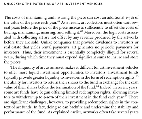 In crypto, there’s a chance to refine these vehicles to make the esoterica of the field more accessible. While art funds have notoriously difficult withdrawal conditions, NFT indices make it easier for smaller investors to participate in illiquid vehicles https://digitalcommons.law.yale.edu/cgi/viewcontent.cgi?article=9289&context=ylj