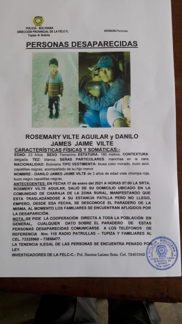 DGTTP2020's tweet photo. #DGTTP2020
#LAPoliciaDeTodosLosBolivianos
Ella es Rosemary Vilte Aguilar de 23 años y él Danilo J. Jaime Vilte de 3 años de edad, salieron de su domicilio ubicado en la comunidad de Charaya. 
Ayúdanos a encontrarlos‼️
#PersonaDesaparecida 
#MenorDesaparecido
#TRATADEPERSONAS https://t.co/mikr4R1L7G