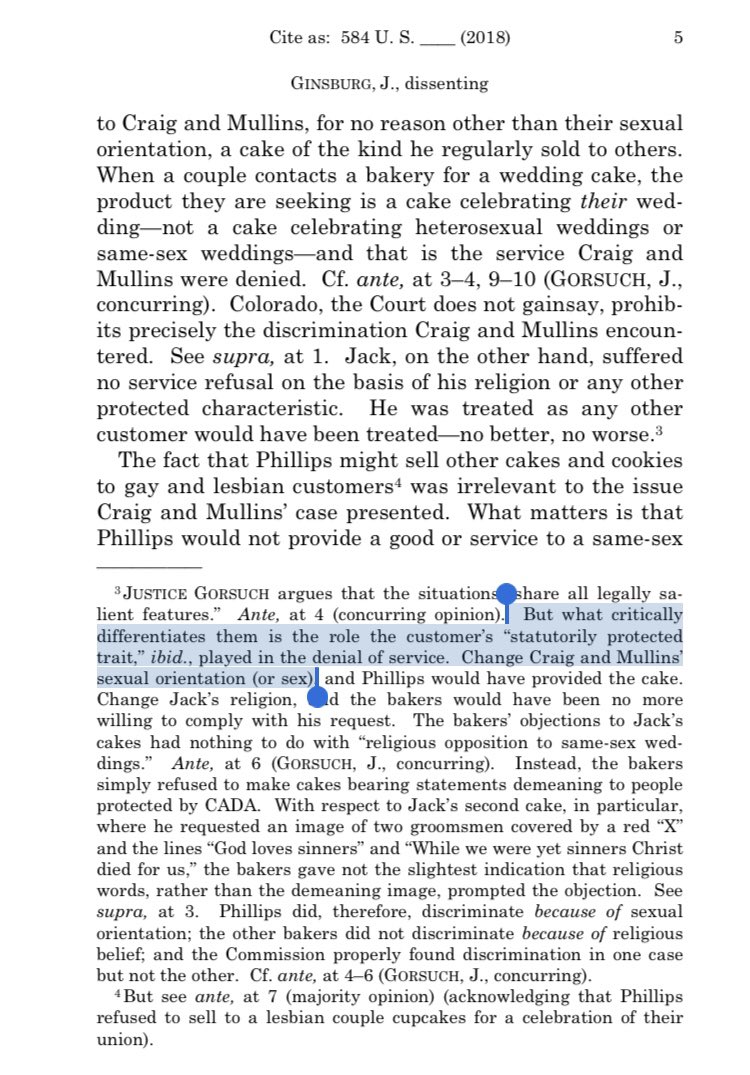 RBG may have saved the sex discrimination argument for later, but she didn’t wait for the Title VII cases, instead dropping this FN in her dissent in Masterpiece Cakeshop 👇🏽