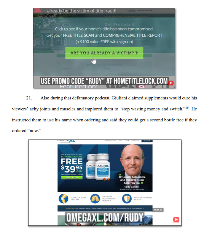 This $1.3 billion Dominion v. Rudy Giuliani suit is peak comedy. The lawyers must have had an incredible time writing this. The allegations of grift here are extraordinary. Undermining democracy to sell more discount cigars and OmegaXL supplements wapo.st/36bygBt