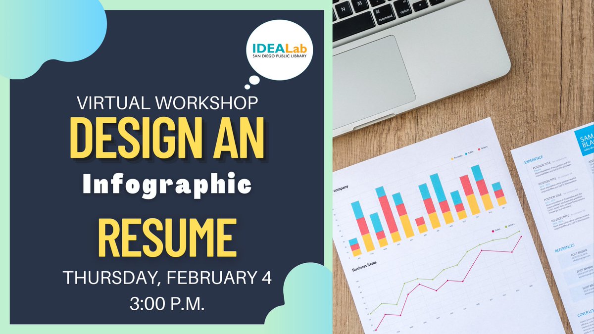 SDPublicLibrary's tweet image. Looking to add some ✨flair✨ to that tired-looking resume? Our IDEA Lab has just the workshop for you. sandiego.librarymarket.com/events/design-… #mySDPL