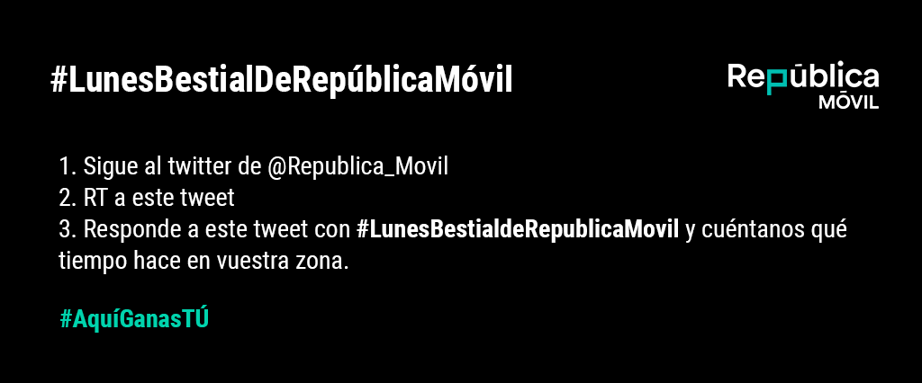Republica_Movil's tweet photo. Sorteamos 50 BONOS DE 5GB! 🏴

¿Está lloviendo mucho en vuestras ciudades? ☔️ Os leemos 👇🏼

¡Mucha suerte!  🤞🏼

#LunesBestialdeRepublicaMovil

Bases Legales: https://t.co/XBcYjgZLiu https://t.co/5J2VNZWwAR