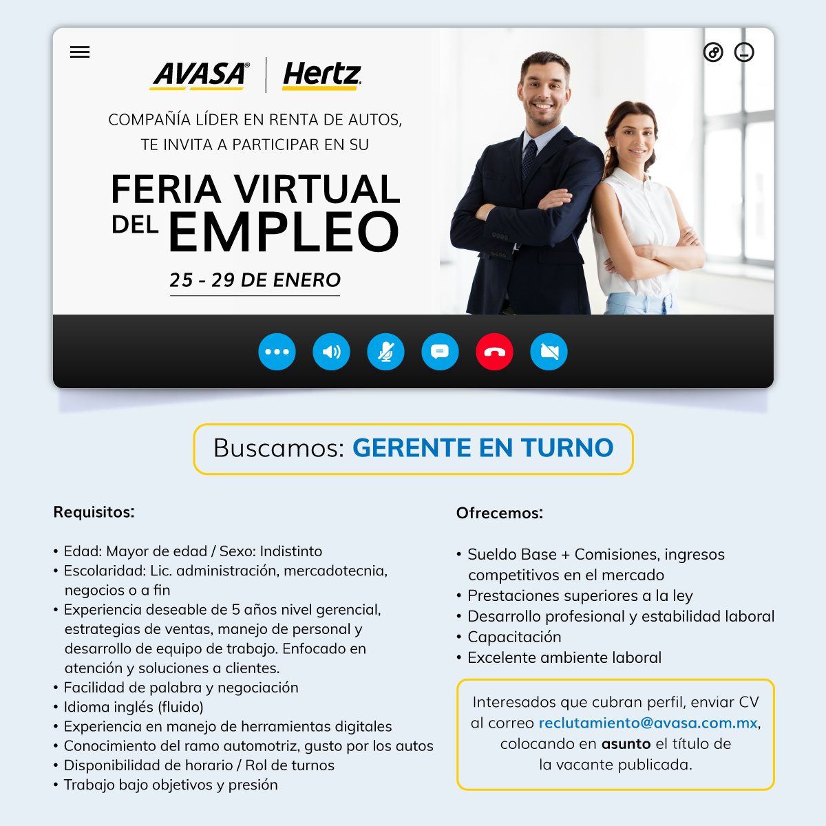 ¿Buscas una nueva oportunidad laboral? Participa en nuestra primer #FeriaVirtualdelEmpleo ➡️ Interesados que cubran el perfil, postularse del 25-29 de enero enviando #Curriculum al correo reclutamiento@avasa.com.mx, colocando en asunto el título de la vacante publicada. ✅