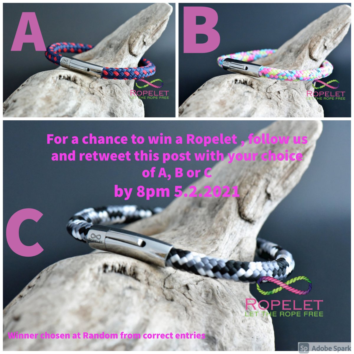 Ropelet's tweet photo. Try your luck in our latest #competition to #win one of these Ropelets , made to any wrist size. Follow us and Retweet this post with your choice of price, A,B or C by 8pm on the 6.2.2021. See all our bracelets at https://t.co/xERWQVq3Ia  #FreebieFriday https://t.co/tlNdyG6cAg