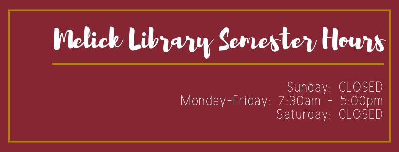 Melick_Library's tweet image. During the first week of classes, Melick Library will be open until 5:00 pm. We will be extending those hours as soon as staffing is hired for the evening shifts.