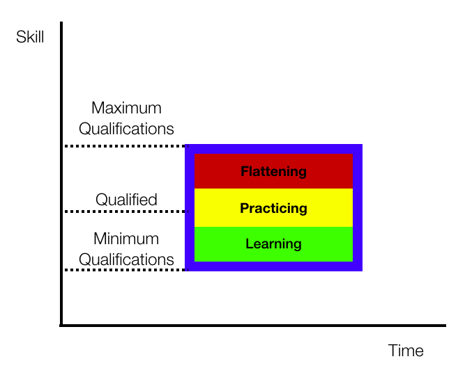 In a job, there are 3 phases of skill development: Learning Phase: Learn new skills to do the job well.  Practicing Phase: Refine the skills you've just learned. Flattening Phase: Master the skills. Bump up against learning cap for the role.