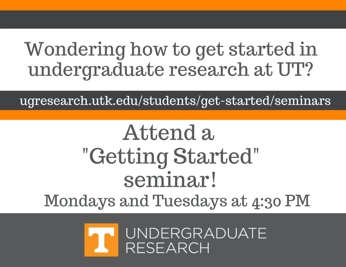Wondering how to jump into Undergraduate Research? Need a refresher on places to look? Join a "Getting Started" seminar, held every Monday &amp; Tuesday at 4:30p. RSVP on our website for your spot &amp; link to join. Starting today - see you there! ow.ly/UOJ950DhzDw #VolResearch
