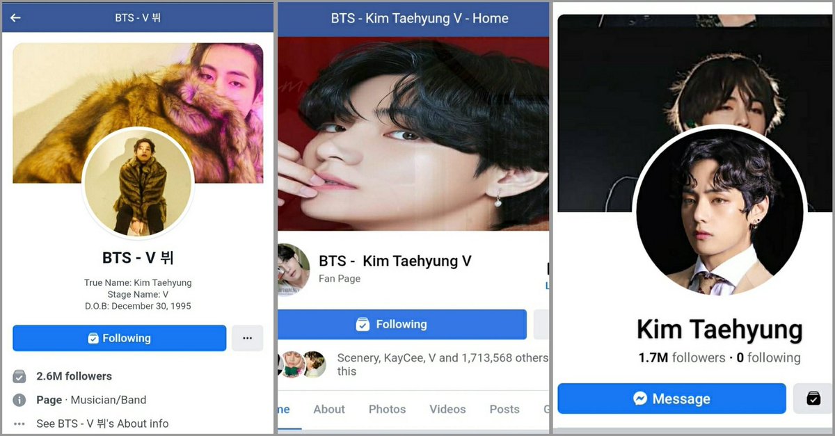 V also has the most viewed and liked fancam on the Facebook.His Facebook fan pages gathered huge number of followers (3 of them achieved more than 1.7 million followers).