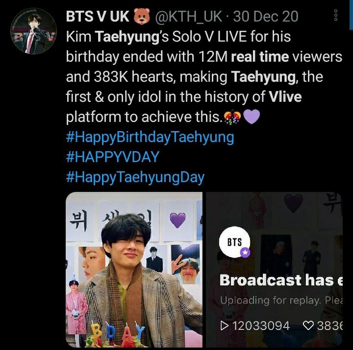 VLIVEVLive, sometimes referred to as V-App, is a South Korean live video streaming service. V has the most viewed video on the platform with more than half billion views.V also has the most watched Vlive in real-time with more than 12 million real-time viewers.