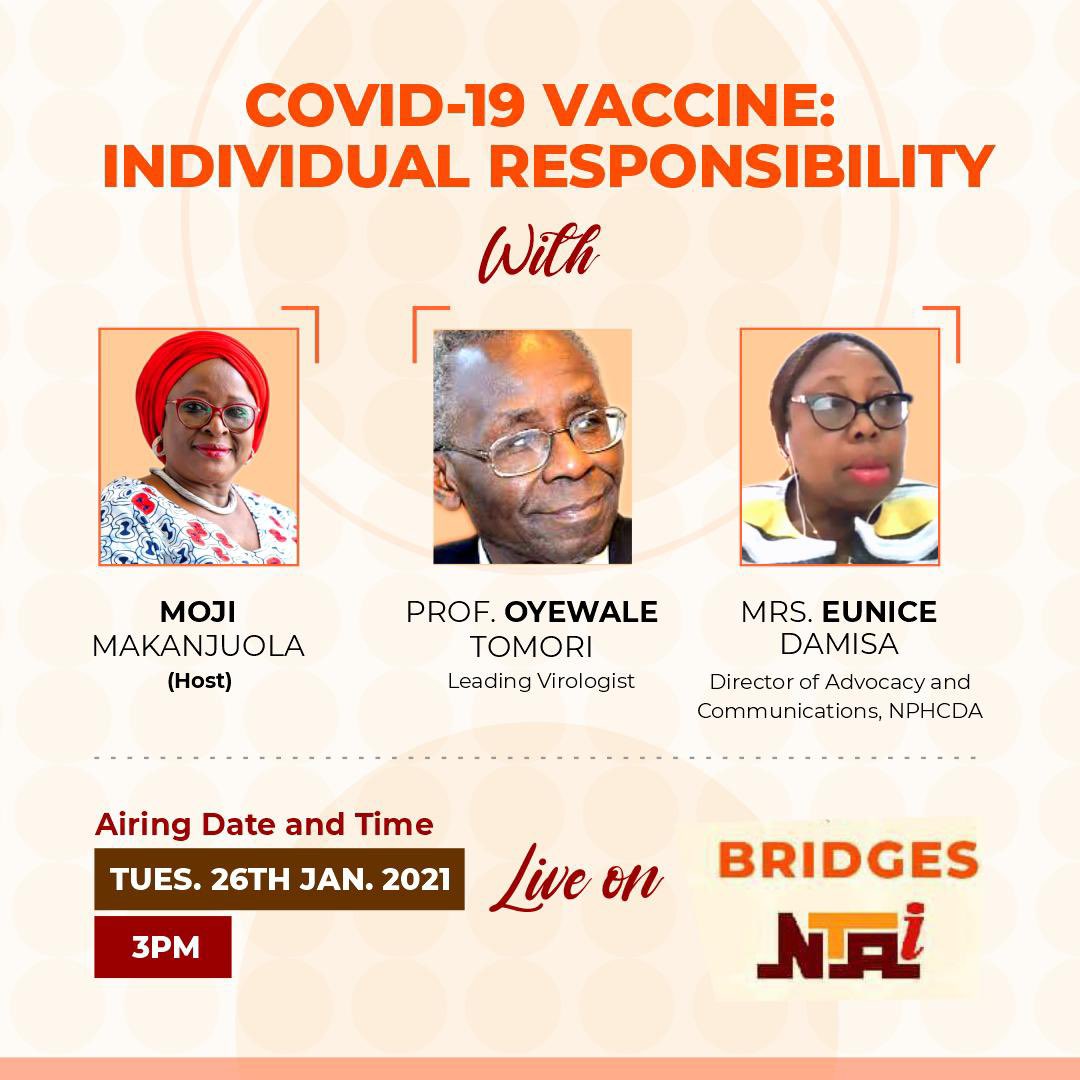 #AbujaToTheWorld    #HappeningTomorrow 

Join us tomorrow on NTA as our ED, @mojimakanjuola anchors the conversation on #COVID19 vaccine: Individual Responsibility. 

Don't miss it!  

It promises to be an enlightening session.