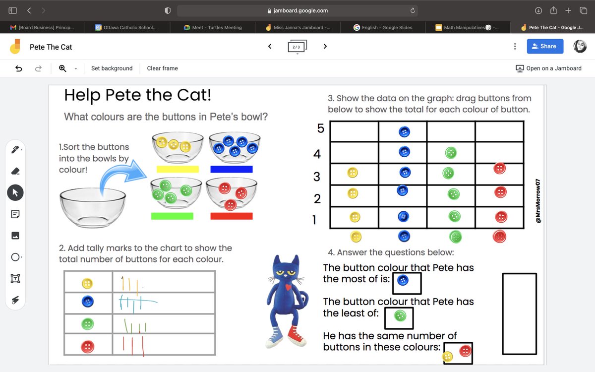 missrjanna's tweet photo. This morning the turtles extended their math skills by reading, “Pete the cat and his four groovy buttons.” We used tally marks, graphing, and counting on to fill in the questions! 

 You did a “turtleiffic” job my friends☀️

#oscbmath 

@ms_emylee 
@StPhilipOCSB https://t.co/Nizef248T2