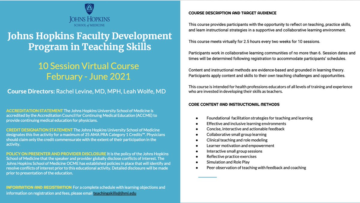 Dear #medtwitter: we are excited to intro a #virtual #teaching skills program modeled off our very successful #faculty development course that has trained 100s of Johns Hopkins faculty to become educational leaders for &gt;30 yrs.

If interested or if ?s: forms.gle/H45mzQe2bPdKqd…