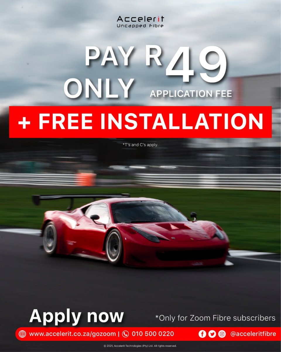 Check this out: Pay only R49 when you apply + FREE Installation. Hurry! We have more great deals in store.

Apply now: accelerit.co.za/gozoomfibre or call us on 010 500 0220

#accelerituncapped