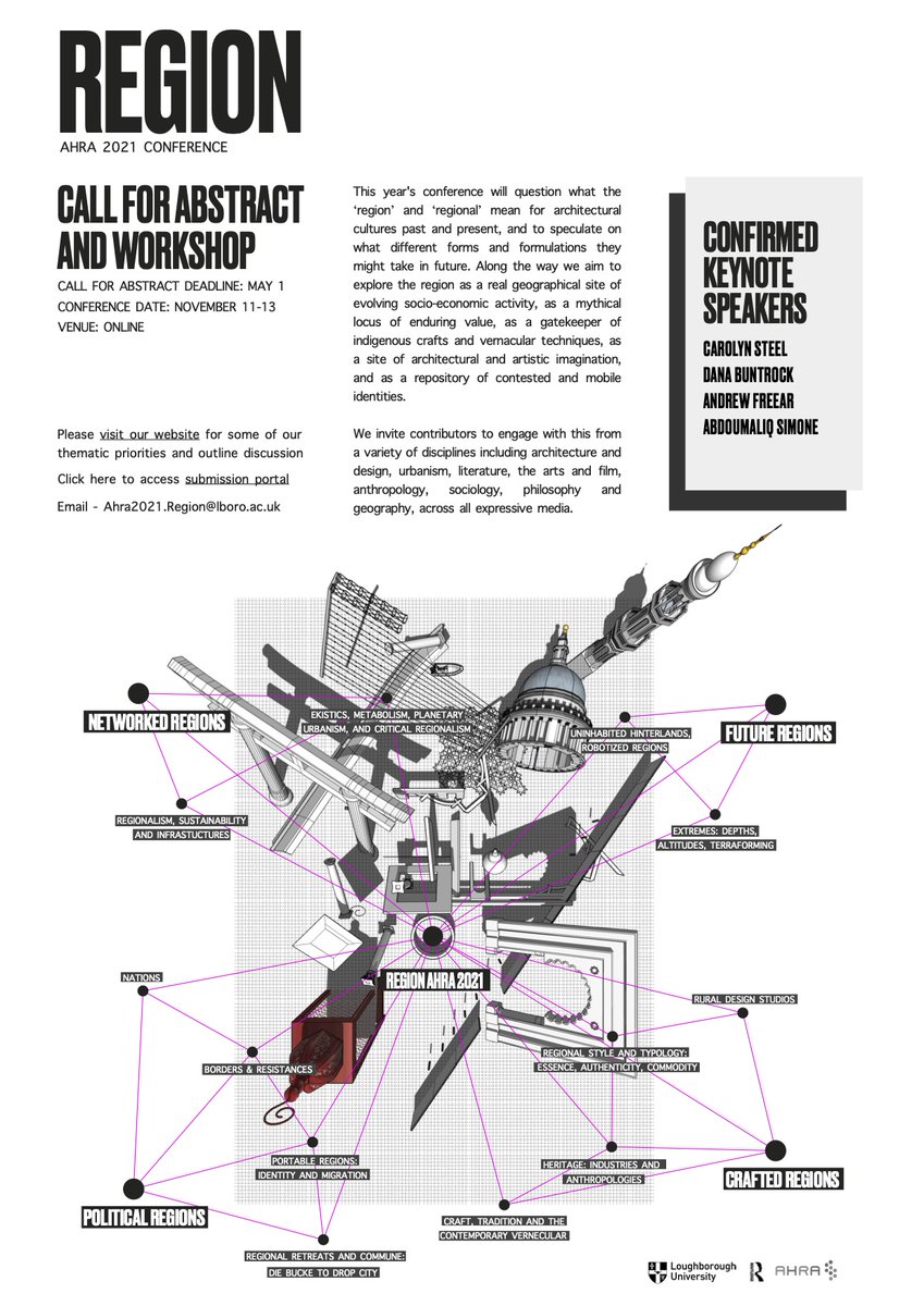 #CfP #AHRA2021 The CfP for the AHRA conference on the ‘region’ and the ‘regional’, taking place 11-13 November 2021 <a href="/LboroArch/">LU-Arc</a>, is now live. See conference website: lboro.ac.uk/departments/ab… See CfP link: easychair.org/cfp/AHRA2021 Please retweet and circulate widely in your networks.