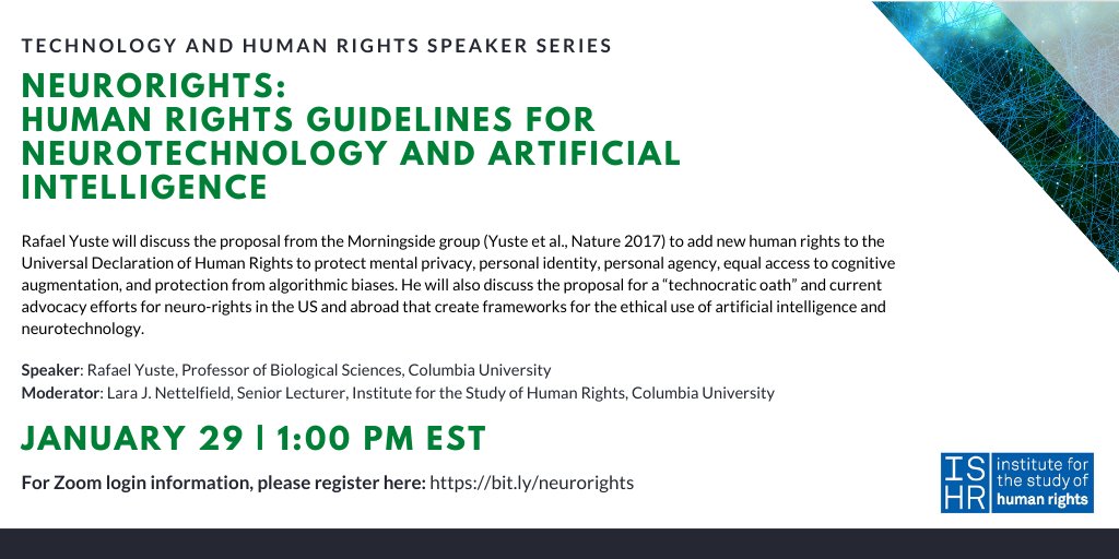 ColumbiaGS's tweet photo. Interested in learning about the intersection of #humanrights and A.I.? Join @ishrcolumbia on January 29 for "Neurorights: Human Rights Guidelines for Neurotechnology and Artificial Intelligence". Details and to register: https://t.co/aByqnTOnNO https://t.co/7CjS9ucaEj