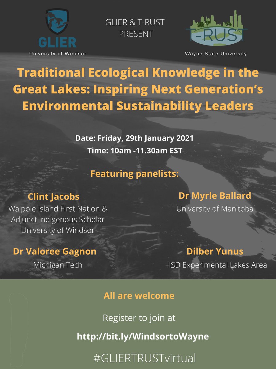 GLIERUWINDSOR's tweet photo. The #GLIERTRUST seminar series is starting the new year with a Traditional Ecological Knowledge panel! Join us January 29th at 10am to hear our panelists discuss topics such as the Great Lakes, climate change and environmental stewardship! Register at https://t.co/VhWq7vDGQe https://t.co/zyyN2Y5GjU