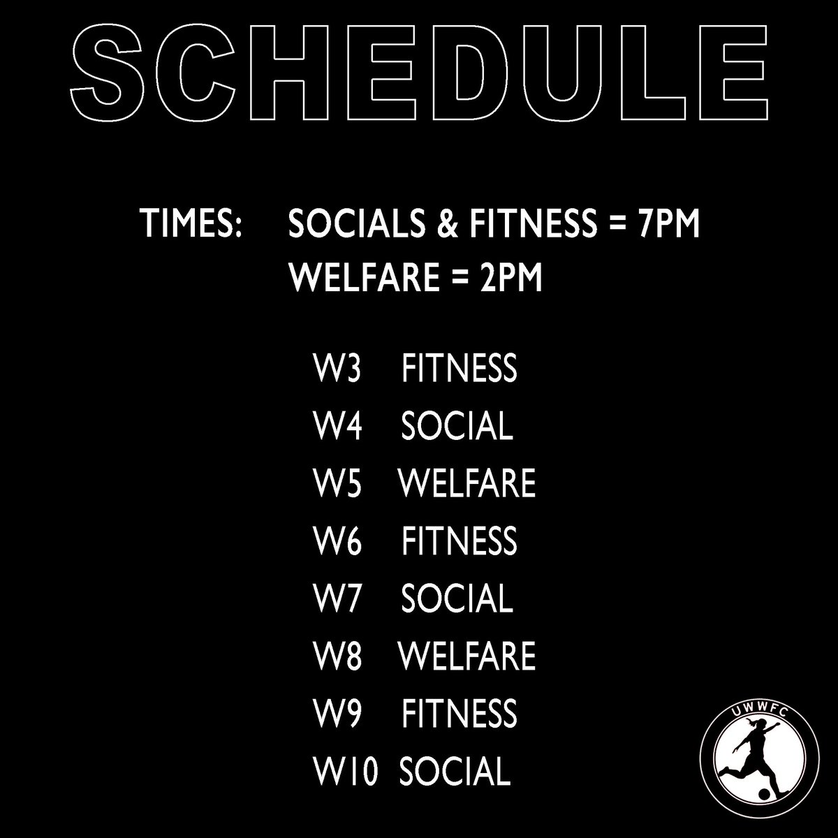 uwwfc's tweet image. With another term in lockdown, we have decided to introduce a weekly UWWFC event. 

This will involve a weekly rotation between a fitness session lead by our performance rep Alicia, a social by Hannah and Tasneem, and a welfare session by our lovely welfare Araanya.