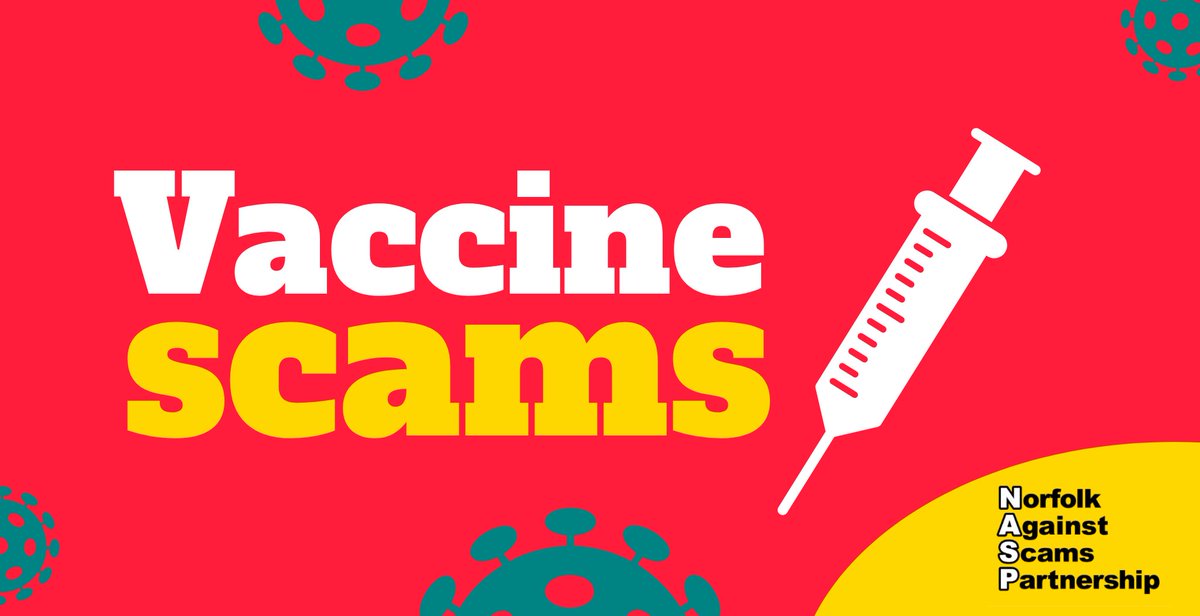 SNorfolkCouncil's tweet photo. The #COVID19 #vaccine will only be administered free of charge through the NHS. They will never:

💳 Ask for bank details
🚪 Arrive unannounced
❔ Ask for proof of identity

Report anything suspicious to @actionfrauduk ✅
Help spread the word by telling your at-risk loved ones👐 https://t.co/Rh5UyfcK8h