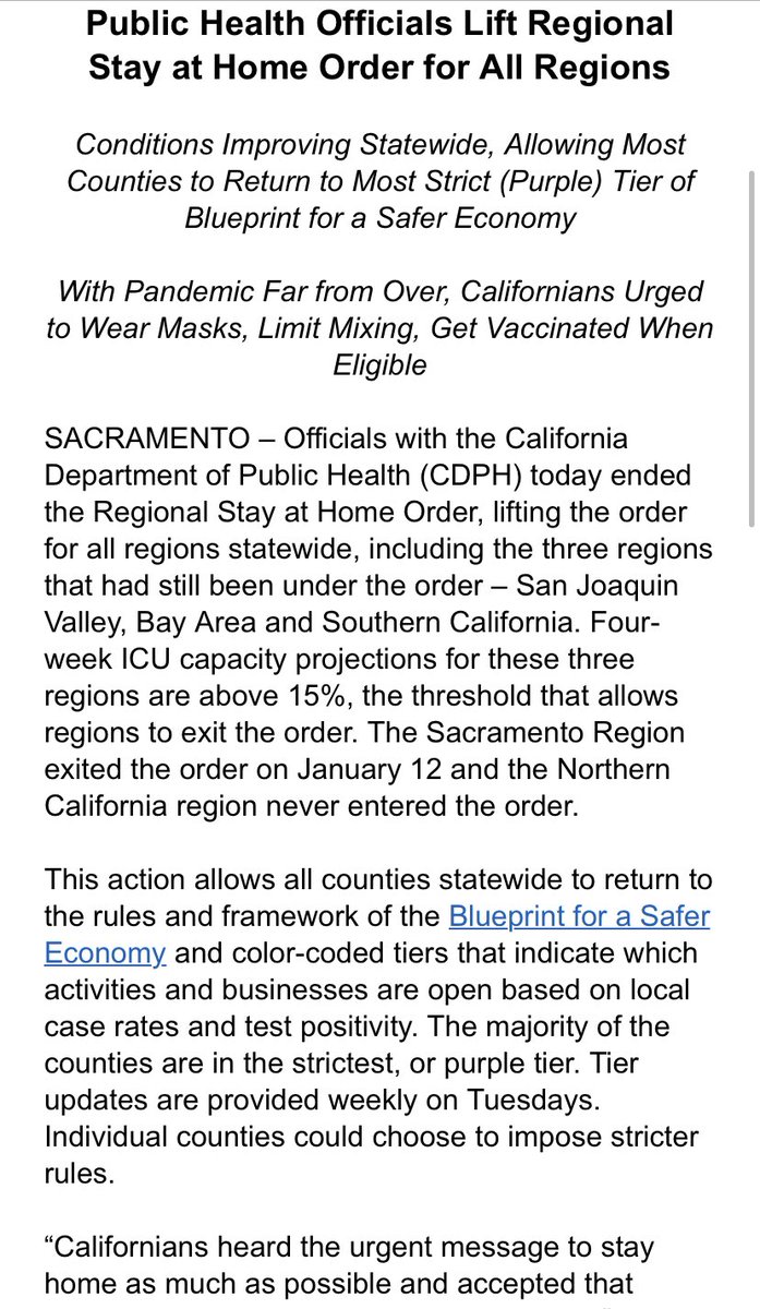 It’s official,  @GavinNewsom has lifted the stay-at-home order for all regions. The regions return to the tier system. Meaning San Joaquin Valley and SoCal will return to the most restrictive tier, purple. This allows for outside dining & salons at limited capacity. Release below