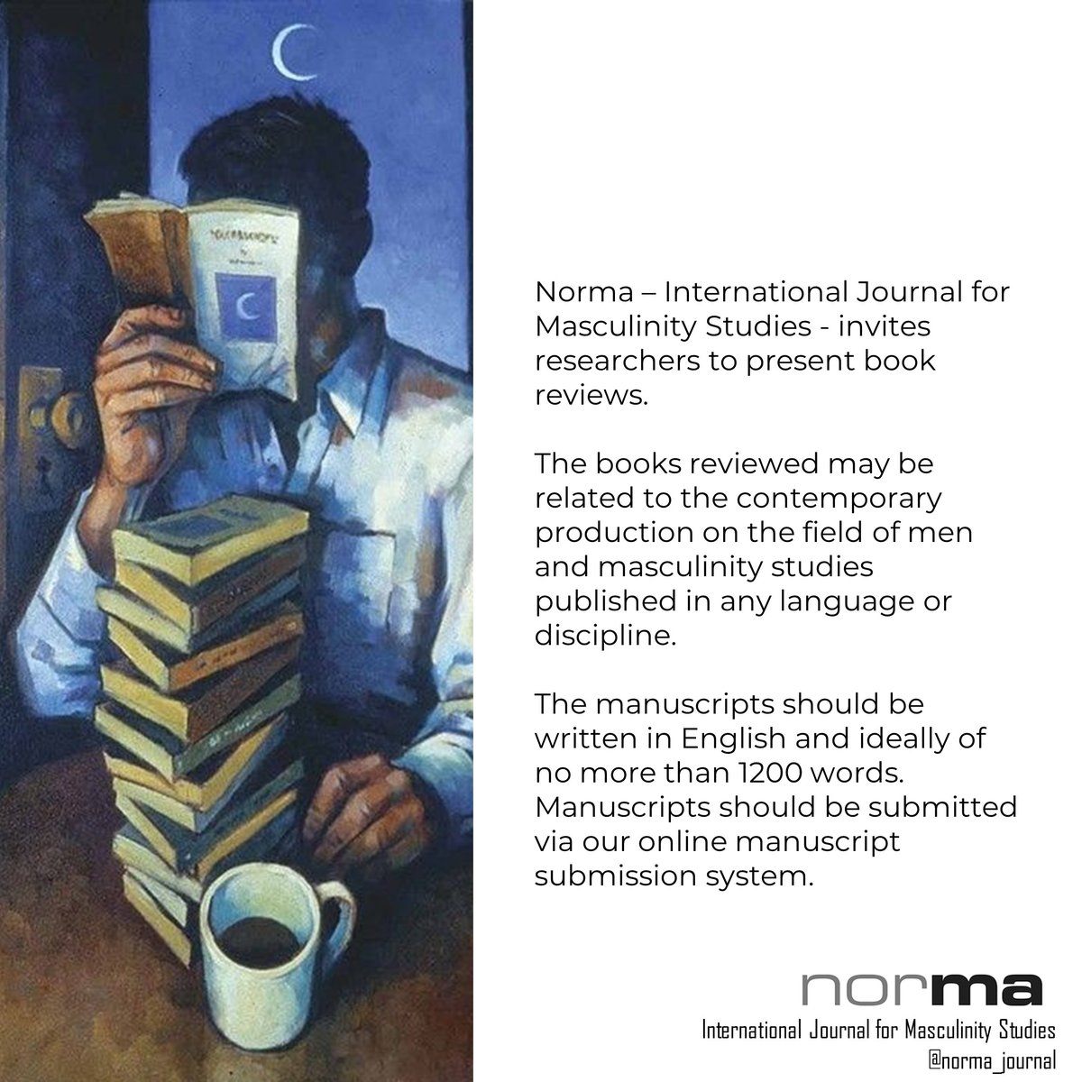 Norma is inviting contributions to our book reviews section. The books reviewed must be related to the field of #Men and #MasculinityStudies 

+info bellow and our website tandfonline.com/action/authorS…
art: "Man reading at night" David C. Lewis