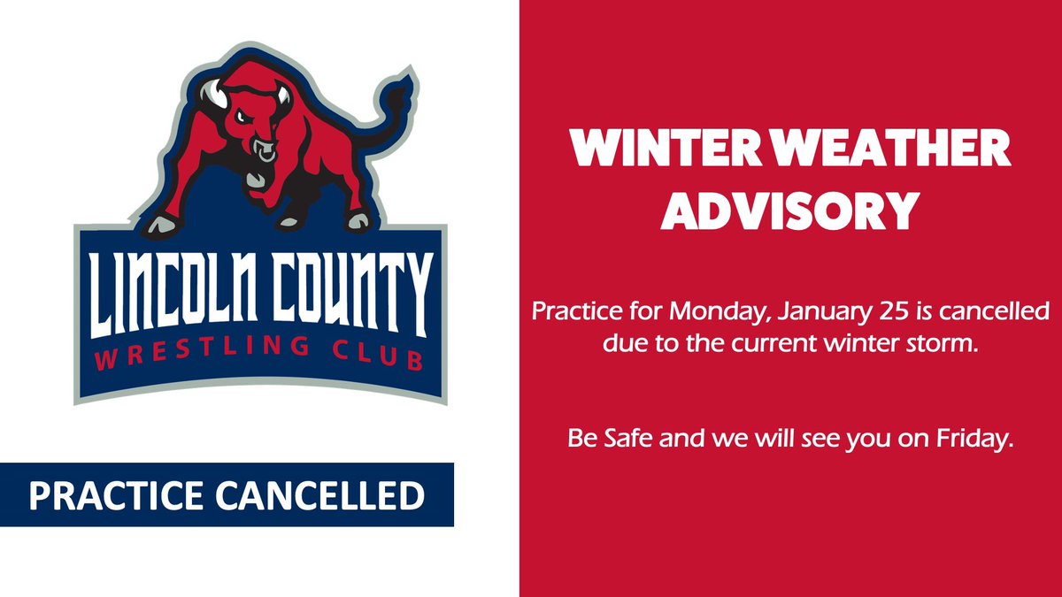 LinCoWC's tweet image. Due to the winter storm, practice for Monday, Jan. 25 has been cancelled.