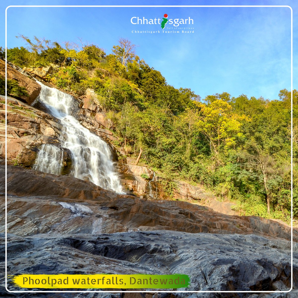 Phoolpad Waterfall <a href="/DantewadaDst/">Dantewada District</a>

Bastar is blessed with many gifts of nature. Phoolpad Waterfall is a beautiful waterfall enticing visitors with its milky cascading form. One can embrace its beauty from the top also, getting a birds-eye view of the greenery around.