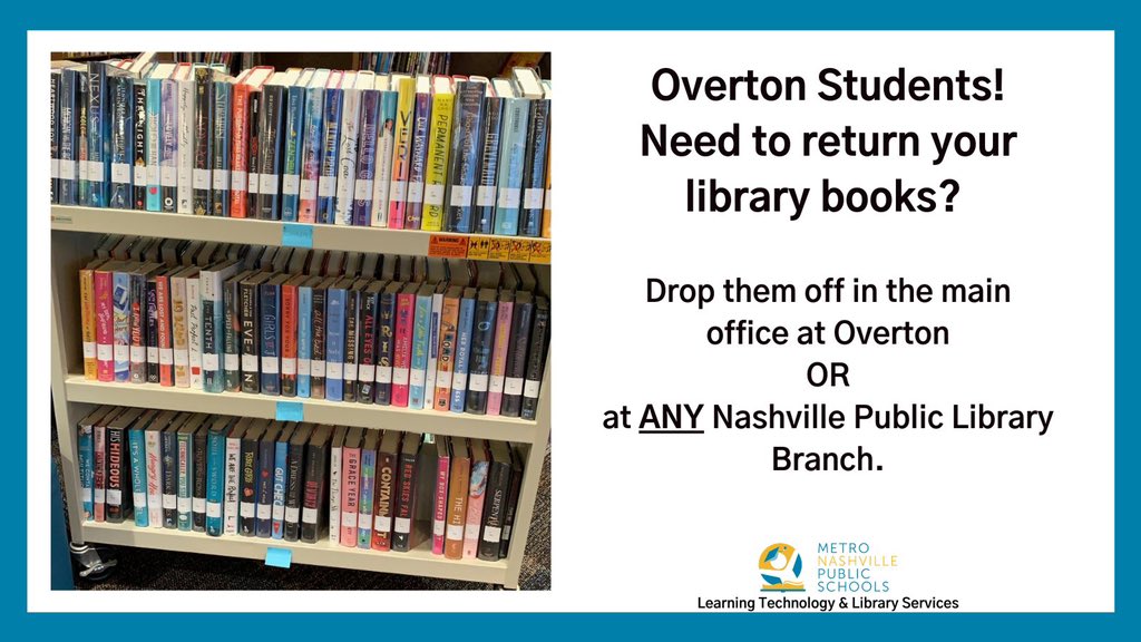 Overton Library (@overtonlibrary) on Twitter photo Bobcats! Need to return library books? You can bring them to the main office at Overton (weekdays during regular school hours) or use the returns dropbox at ANY Nashville Public Library branch. DM us if you have questions! <a href="/OvertonMNPS/">Overton High School</a> Bobcats! Need to return library books? You can bring them to the main office at Overton (weekdays during regular school hours) or use the returns dropbox at ANY Nashville Public Library branch. DM us if you have questions! <a href="/OvertonMNPS/">Overton High School</a>
