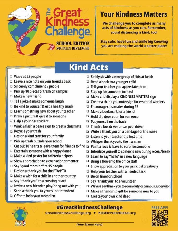 CchsCouns's tweet photo. Panthers!!!! I challenge you to be KIND this week! I encourage students to practice kindness by performing as many kind acts as possible. See the attached acts of kindness checklist for ideas. #KindnessIsAGiftEveryoneCanGive #GreatKindnessChallenge￼ 💙💛 https://t.co/rjSw7Pl2D6
