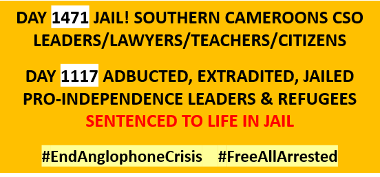 #SouthernCameroons peaceful activists Day1471 #Cameroon jails, military ct trial, stiff sentences. Pro-indep leaders Day1117 incarceration, life sentences #EndAnglophoneCrisis <a href="/SenatorRisch/">Jim Risch</a> <a href="/FRauCameroun/">France au Cameroun 🇫🇷🇪🇺</a> <a href="/RepKarenBass/">Congressmember Bass</a> <a href="/UKUN_NewYork/">UK at the UN 🇬🇧🇺🇳</a> <a href="/ABlinken/">Antony Blinken</a> <a href="/GermanyUN/">Germany in the United Nations</a> <a href="/LindaT_G/">Linda Thomas-Greenfield</a> <a href="/irishmissionun/">Ireland at UN</a>