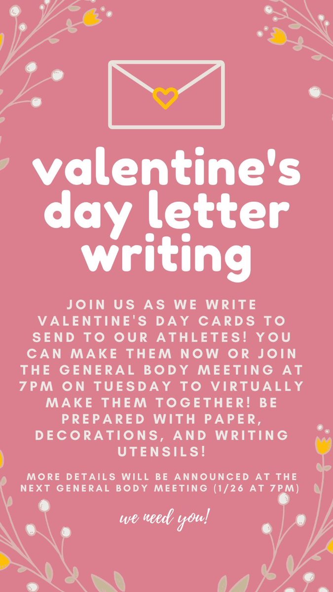 SOatUGA's tweet photo. Join us TOMORROW night at 7PM for our first General Body Meeting of the semester! We will be writing Valentine's Day letters to send out to Special Olympics Georgia athletes. Zoom meeting link: https://t.co/kGK7z9dxkk Meeting ID: 845 957 3578. See you there! https://t.co/E015sj2hJZ
