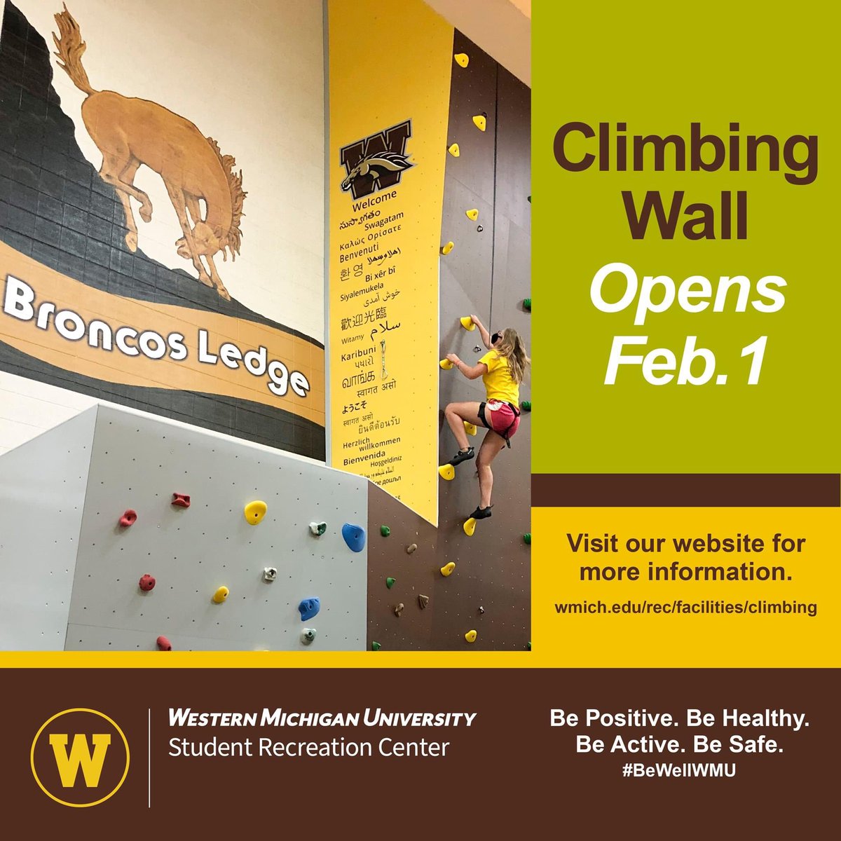 wmureccenter's tweet photo. Mark your calendars! The climbing wall opens on Monday, Feb. 1. Keep checking our website for more details. Be Postive. Be Healthy. Be Active. Be Safe. #BeWellWMU 
https://t.co/t5wfrKD3aZ https://t.co/nm0ufmdiwQ