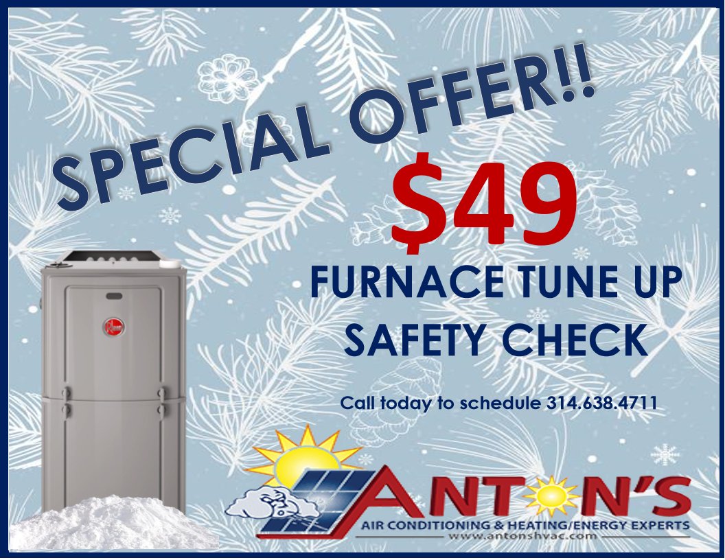 Stay warm and take advantage of our end of season $49 Furnace Tune Up Special!!! 
Call, Text or Book online to schedule.
antonshvac.com
314.638.4711
