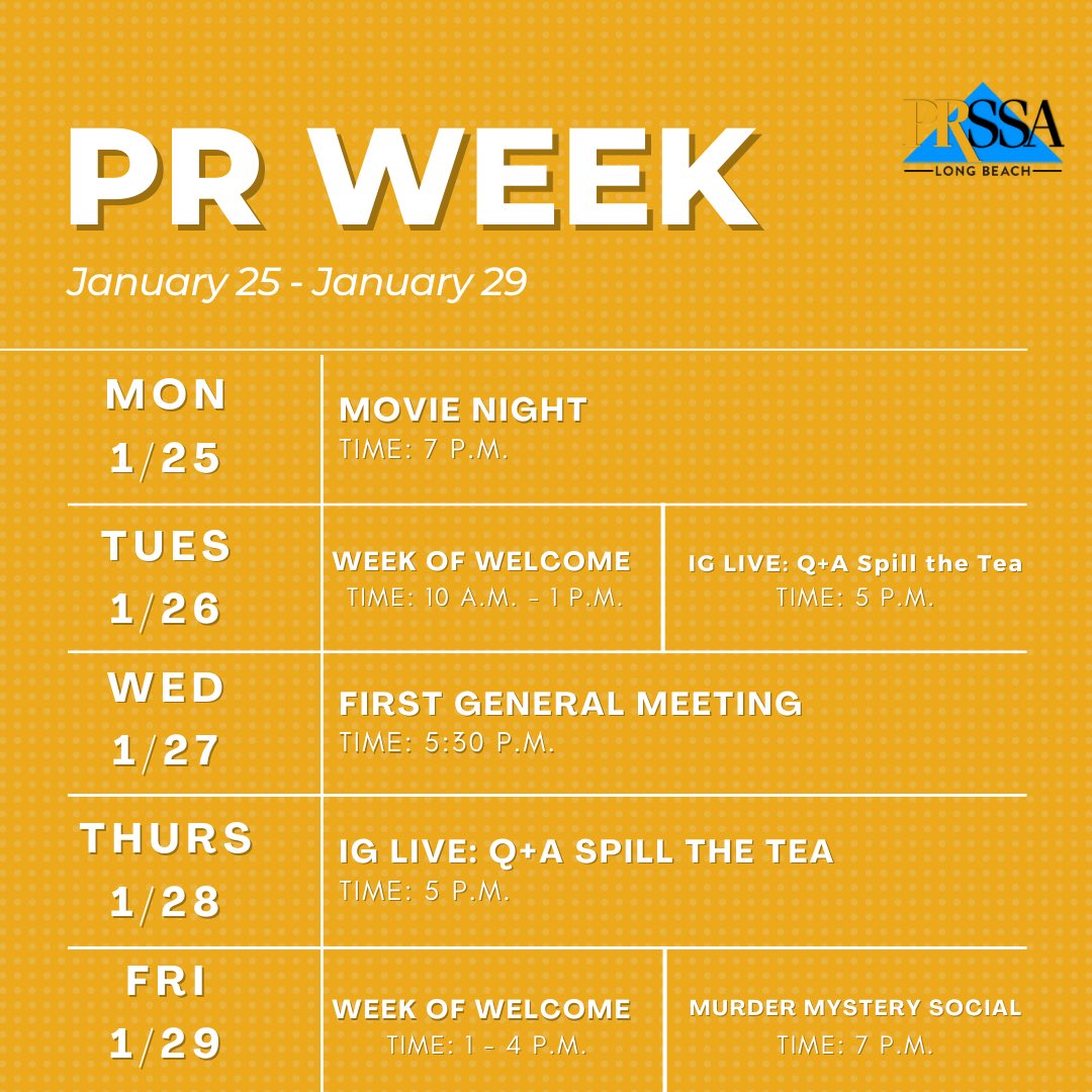 CSULBJPR's tweet image. PR Week is here and begins with movie night TONIGHT @ 7 p.m.! JoiningPRSSA is a great way to get involved and network with peers and professionals!📒

Also, make sure you check out @prssalb at Week Of Welcome tomorrow and their first general meeting on Wednesday📌

#PRSSALB