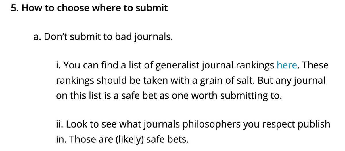 Don't submit to "bad journals," but also publish where you can publish, as long as it isn't predatory. Most won't publish in Ethics. I haven’t. He also has advice about putting stuff online that often obviates the need for the best possible journals. /17