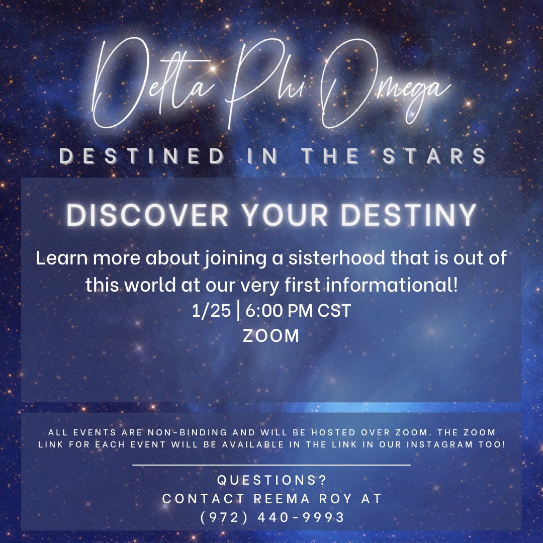 ✦ • LEVITATE WITH DPO ✦ •

DISCOVER YOUR DESTINY 🔮 and join us for our very first informational of the week via Zoom at 6pm central time! We are so excited to meet our future Psi Class Starlights🌙 ｡.｡:∞♡*♥ 

Meeting ID: 883 3308 3879 
Passcode: dpodenton