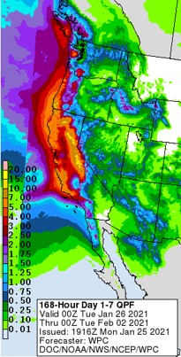 More than 10 inches of precipitation are forecast to fall over the Sierra Nevada and Central Coast where the AR is forecast to stall and over. Low freezing levels (<4k ft) could also result in more than 2 feet of snow in several locations.