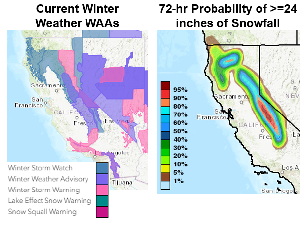 More than 10 inches of precipitation are forecast to fall over the Sierra Nevada and Central Coast where the AR is forecast to stall and over. Low freezing levels (<4k ft) could also result in more than 2 feet of snow in several locations.