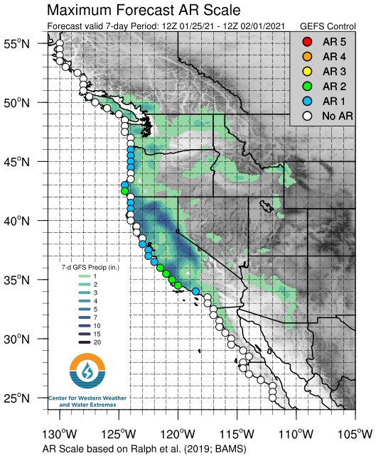 The  #AtmosphericRiver is forecast to bring AR 1 to 2 conditions to a large stretch of the coast from the North Bay to Point Conception. An upper-level shortwave is also forecast to interact with the AR, stalling the core near Point Conception and increasing the overall duration.